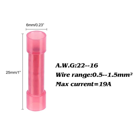 Pink 6mm insulated PA66 nylon butt connector for 22–16 AWG wires, 0.5–1.5 mm2