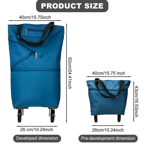 Collapsible Shopping Cart With 360 Degree Swivel Wheels product size in lake blue, showing developed and pre-development dimensions