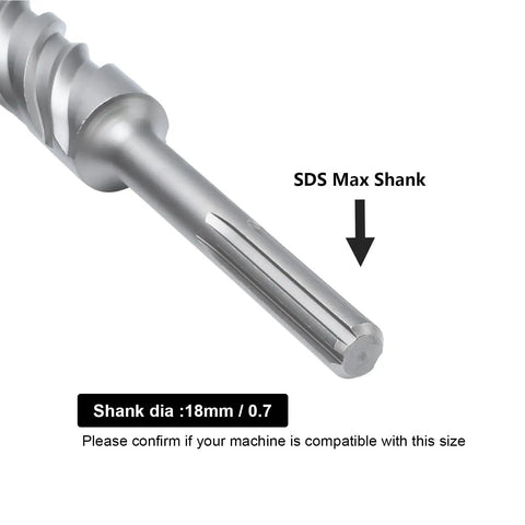 Close-up of SDS Max Rotary Hammer Drill Bit, 38mm Carbide Tip, 10 Inch 260mm Length For Masonry Concrete Brick Stone Cement Walls, 1-1/2 Inch Diameter With SDS Max Shank.
