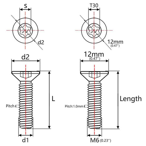Technical blueprint of Burnt Blue Titanium Torx Countersunk Head Bolts Set 4Pc Grade 5 6AL4V M6 detailing lengths and measurements.