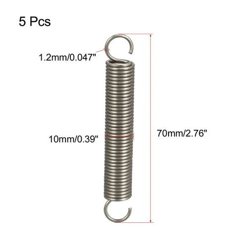 Stainless steel dual-hook tension spring, 0.047in wire, 0.39in OD, 2.76in free length, 5 pcs