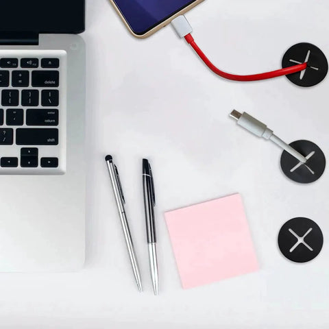 Office desk setup with laptop and 10 Pack Desk Grommets Three Quarter Inch 24mm Silicone Rubber Grommets For Cable Pass Through Management