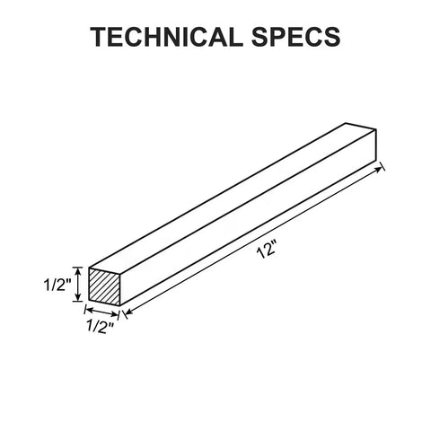Diagram showing Heavy Duty Square Key Stock Half Inch By Half Inch By Twelve Inch Made From Cold Drawn 45 Steel dimensions