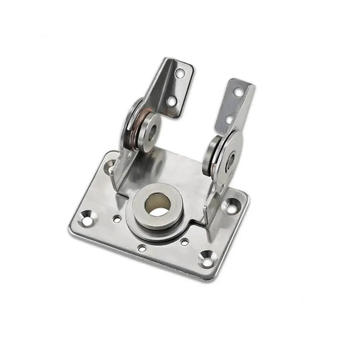 Rotating tilting torque hinge, angled view, 304 stainless steel, dual-axis, mounted on square base plate with mounting holes
