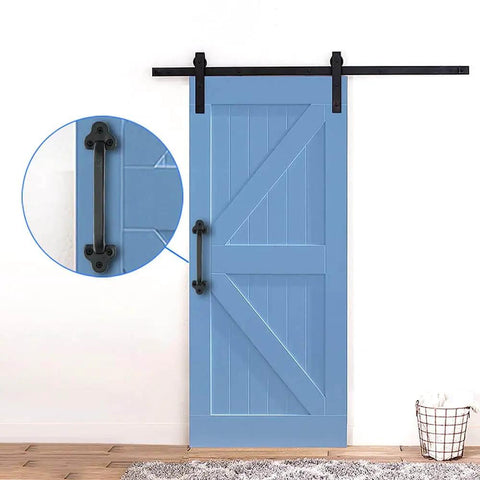 Rustic 9 Inch Cast Iron Sliding Barn Door Handle 2 Pack Black Vintage Gate Pull installed on blue interior barn door