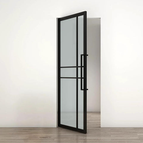 36 In By 84 In Full Lite Opaque Frosted Glass Interior Pivot Door With Black Steel Frame And Pivot Hinge Hardware Kit installed view