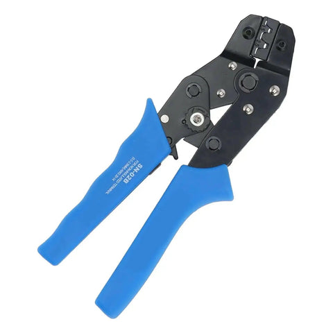 Ratcheting Wire Crimping Tool With High Precision Terminal Crimper Multifunction Automatic Crimping Pliers, blue handles, close-up view
