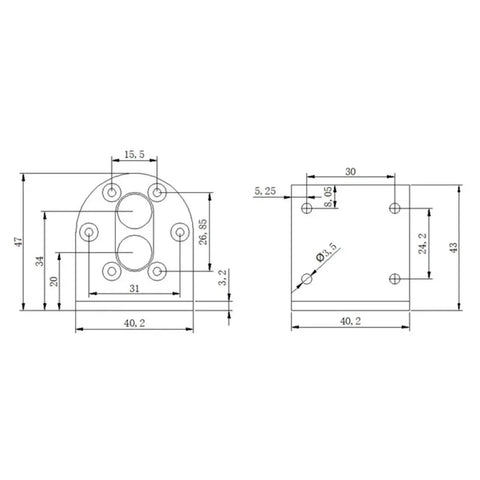 Technical drawing of DC Gear Motor Bracket and Support for Planetary Motors, 1 Pack, Fixed Seat Type L Horizontal Mount, Fits 550 545 520 3530 3540 Series