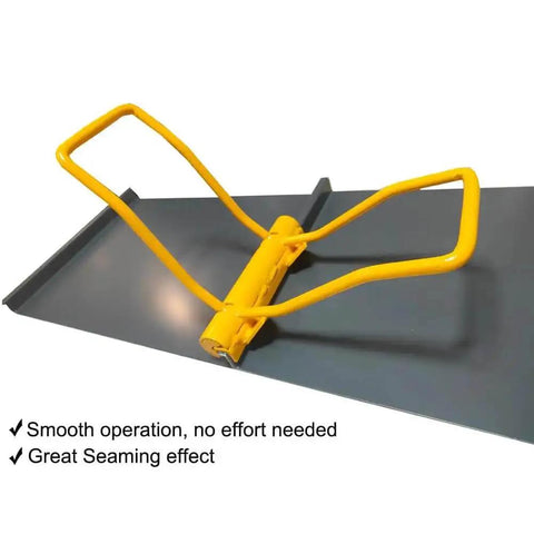 Pro Grade Standing Seam Roofing Tool Hand Seamer For 90 Degree Seam Locking on metal sheet with yellow handles for easy seaming