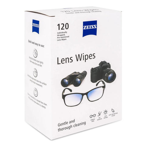 Box of Zeiss Lens Wipes 120 Pack Pre Moistened For Camera And Optics Cleaning with images of lens, binoculars, and camera