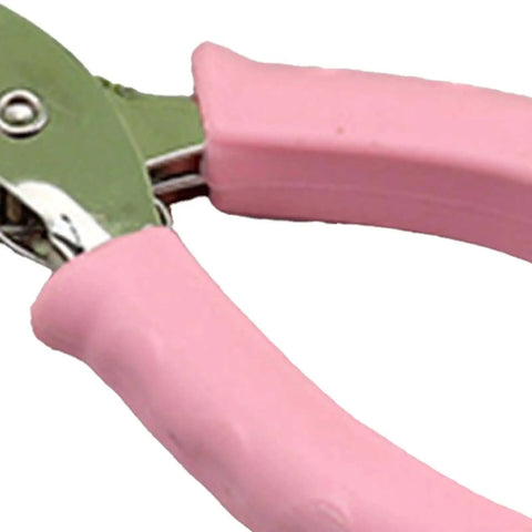 Close-up of 6mm Handheld Single Hole Punch for Paper with Durable Metal Body and Rubber Grip Handle, showing pink handle.