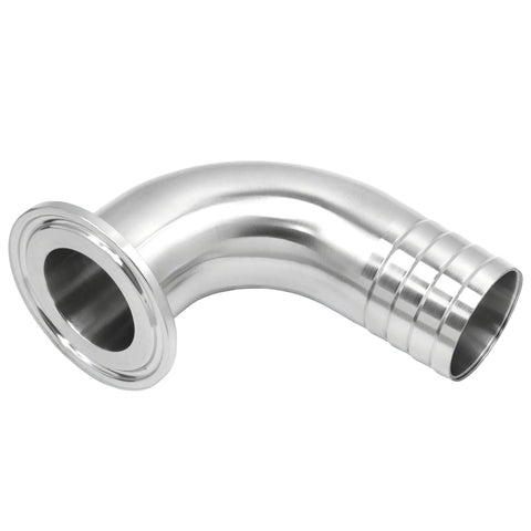 Stainless steel 90-degree sanitary hose elbow with 3/4 in barb and 1.5 in tri-clamp ferrule, angled front view