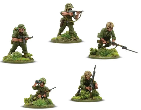 Pacific Theater US Marines Bolt Action 28mm Plastic Miniatures Set showing unpainted tabletop figures in battle poses