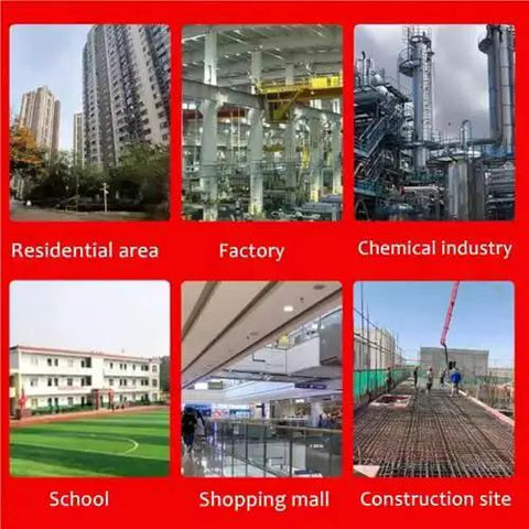 Collage of environments including residential area, factory, chemical industry, school, shopping mall, and construction site.