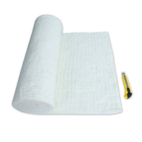 White ceramic fiber insulation blanket roll and sheet, 1x16x48, 2400F, with utility knife beside.