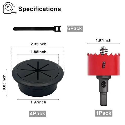 Specifications of 4 Pack Desk Grommet Kit With 2 Inch Hole Includes Hole Saw Drill Attachment And 6 Cable Ties for efficient cable management