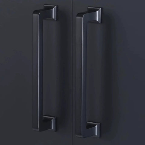 Matte Black Cabinet Pulls 5 Inch 128mm Set Of 10 Durable Alloy Kitchen Cabinet Handles installed on doors.