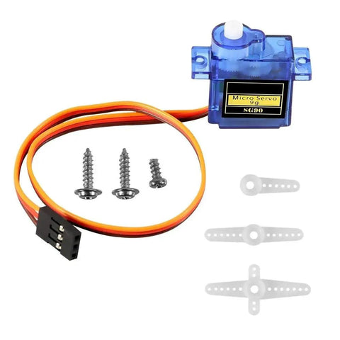 Blue SG90 9g micro servo kit with 5 pieces, including three white servo arms and mounting screws