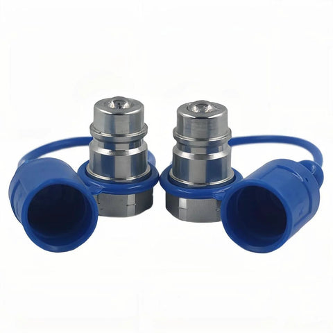 Two blue plastic hydraulic quick-connect male couplers with silver metal fittings, 1/2" NPT, 2-pack.