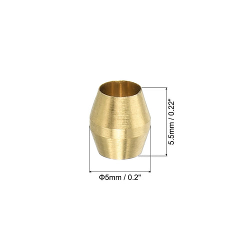 Brass compression sleeve ferrule for 1/8 in ID tubing; 5 mm diameter, 5.5 mm tall, for water, oil and air lines.