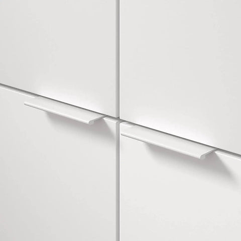 Lincoln Collection 3 1/8 Inch Center to Center White Modern Cabinet and Drawer Edge Pull Handle installed on white cabinets