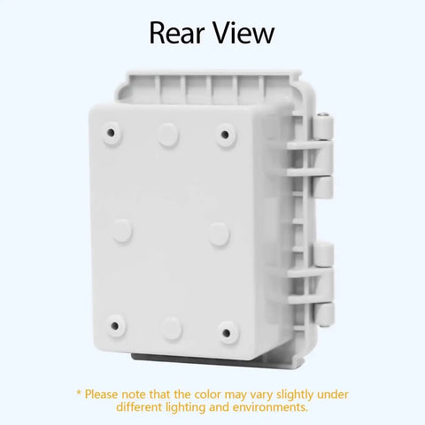 Rear view of Rugged IP67 Waterproof Electrical Junction Box With Hinged Cover And Stainless Steel Latch, ABS Plastic Enclosure, Grey.