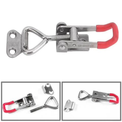 Stainless Steel Adjustable Toggle Clamp Gh-4001-SS With Quick Release, shown in close-up, side, and top views, with smooth grips.