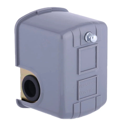Gray plastic Pumptrol pressure switch for well pump, front view showing pressure control label