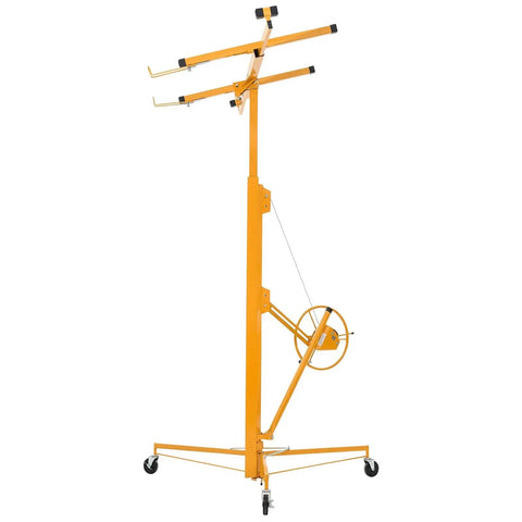 Front view of a yellow drywall lift with adjustable telescoping arm, hand-crank winch, and wheeled base.