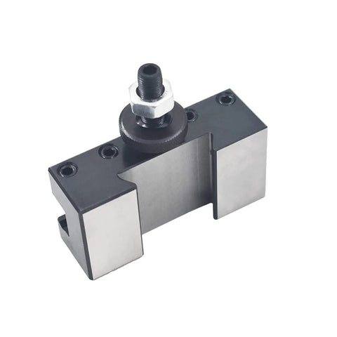 Wedge Type Piston Quick Change Tool Holder for CNC lathes, rigid steel construction, side view, holds 5/8 inch bits, model 250-202.