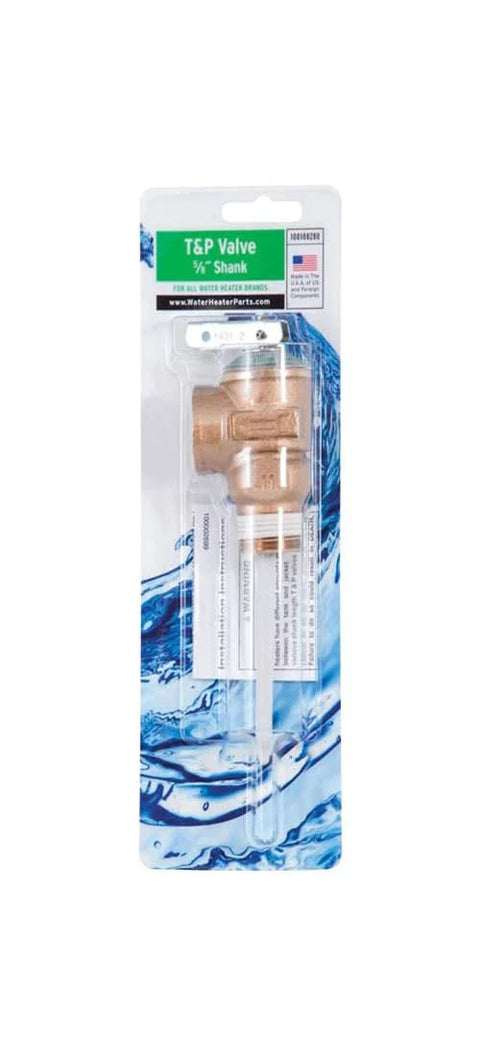Reliance water heater temperature and pressure relief valve, copper body, in clear blister packaging.