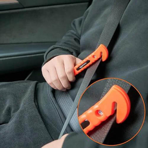 Person using Emergency Window Breaker And Seatbelt Cutter Tool For Cars 2 Pack With Tungsten Double Head Hammer Bright Orange Handles