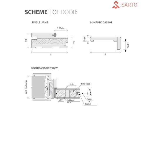 Diagram illustrating the construction details of Modern Black Double Swing Interior French Doors With Glass In Solid Wood