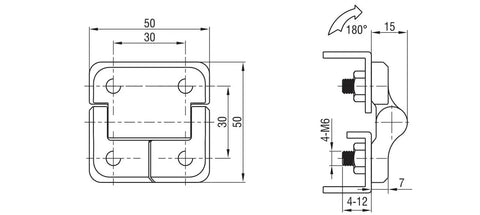 Technical drawing of Heavy Duty Zinc Alloy Hydraulic Torque Hinge With Constant Friction For Cabinets And Furniture Built To Last Ideal For Kitchen And Bathroom Doors 60 By 60 Or 40 By 40 Or 50 By 50 One Piece with dimensions shown.