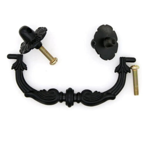Six Pcs Vintage Black Drawer Pulls Handles Metal Bail Pulls showing one handle and two screws, zinc alloy with anti rust finish