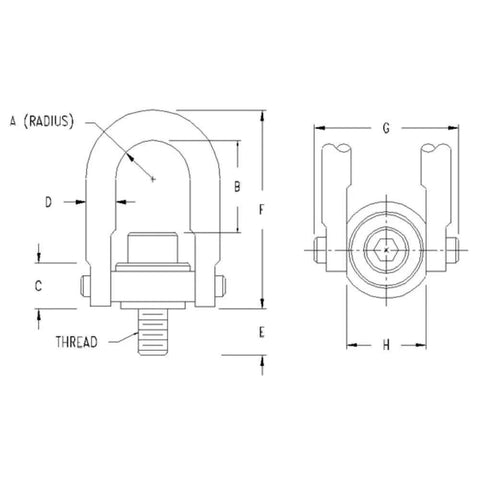 Technical drawing of 2500 Lbs Swivel Hoist Ring One Half Inch By Thirteen Thread Size for rigging and lifting applications.