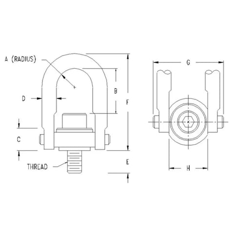 Technical drawing of 1000 Lbs Swivel Hoist Ring 3/8-16 Thread 1/2 In Shank with dimensions and thread indication