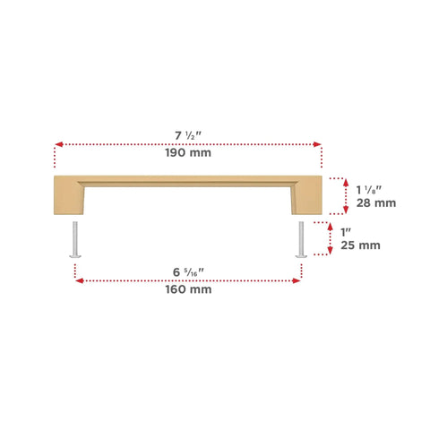 Dimensions of Armadale Collection Champagne Bronze Modern Rectangular Cabinet And Drawer Pull Handle In Six And Five Sixteenth Inch Center.