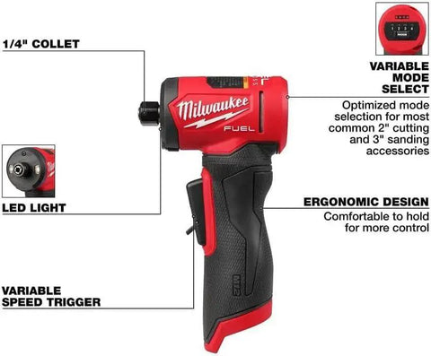 Right Angle Die Grinder M12 Fuel One Quarter Inch With Powerstate Brushless Motor, Shadowless LED Light, Spindle Lock For One Wrench Access, Ergonomic Barrel Grip For Tight Spaces, Great For Metal Cleaning, Surface Prep And Cutting Tasks Milwaukee with features labeled