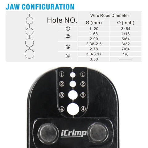 Wire Rope Crimping Tool For Aluminum Oval Sleeves And Ferrules showing jaw configuration chart and measurement guide