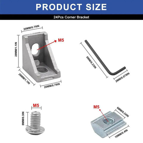 Dimensions and components of 24 Pcs 2020 Corner Bracket Kit With Screws For 8020 Aluminum Profiles, including M5 screw and wrench.