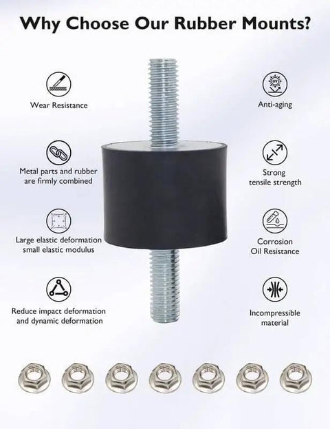 Rubber Vibration Isolator Mounts With Double Studs For Cars Boats Motors And Pumps Anti Vibration Silent Blocks Includes Four Mounts And Eight M6 Lock Nuts Size 18 By 25 By 20 Millimeters with features like wear resistance and tensile strength shown.