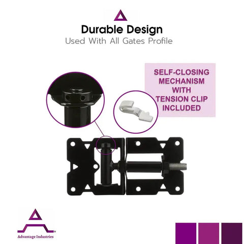 Stainless Steel Self-Closing Gate Hinge Set Long Leg With Horizontal Adjustable Tension Enclosed Spring Tight Hinge Tolerance For Vinyl PVC Fences Pair Of Black Gate Hinges For 2-Side Attachment viewed from side showing tension clip.