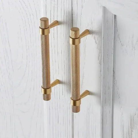 2 Pack Solid Brass Cabinet Pulls 5 Inch Hole Centers Gold Knurled Textured Bar Handles installed on white cabinet doors