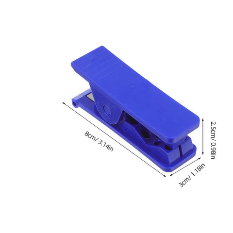 Blue TEHAUX bike hydraulic brake hose cutter tool, plastic, portable repair accessory; side view