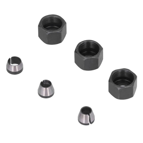 Six Pack 1/4 to 1/8 Collet Adapters for CNC Lathe, Router, and Milling Cutters with screws and nuts shown in close-up
