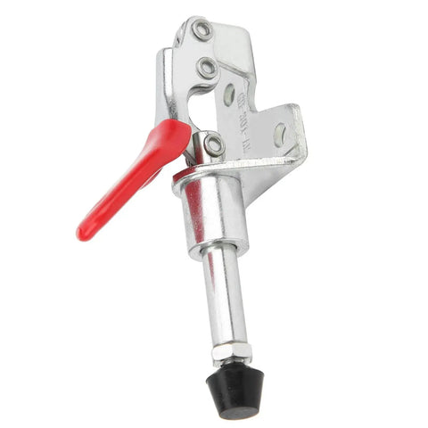 Front view of a 4-Piece Push-Pull Toggle Clamp Set With Quick Release Fixed Handle Locking Tools For Woodworking Jigs Welding Fixtures and Workholding Applications Heavy Duty Galvanized Iron Construction Go-To Workhorse For Fast Solid Holds