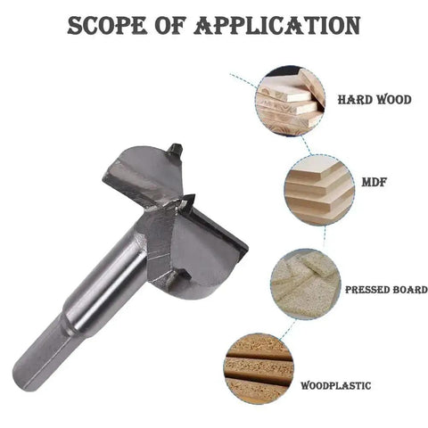 90mm Forstner Drill Bit with Tungsten Carbide Tip for woodworking, shown with scope for hardwood, MDF, pressed board, and woodplastic.