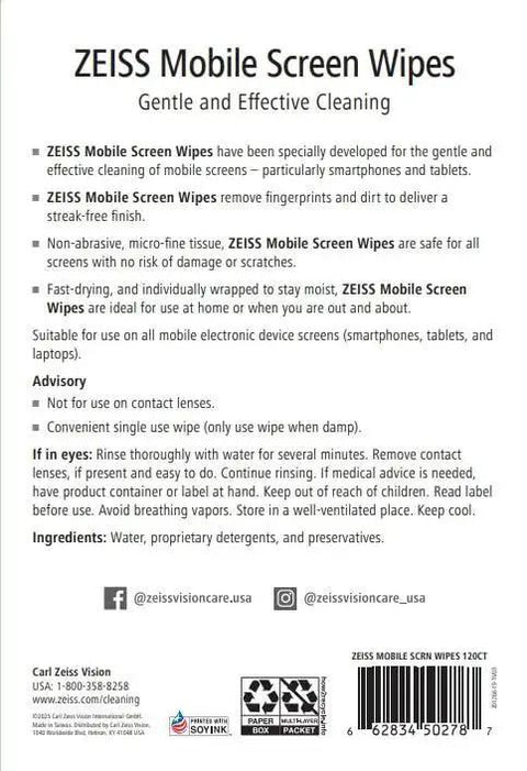Back packaging of ZEISS Pre-Moistened Screen Wipes For Phones, Tablets And Laptops, 120 Count, showing instructions and contact info.