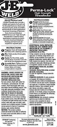 Back of package for Perma Lock High Strength Threadlocker Red 36 Ml For Heavy Duty Bolts And Fasteners, with instructions and warnings.